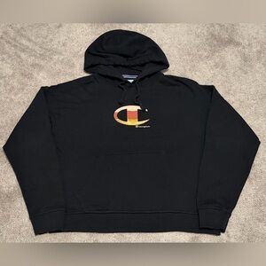 Champion Hoodie Mens Medium Black Center C Logo Pullover Fleece Sweatshirt Basic